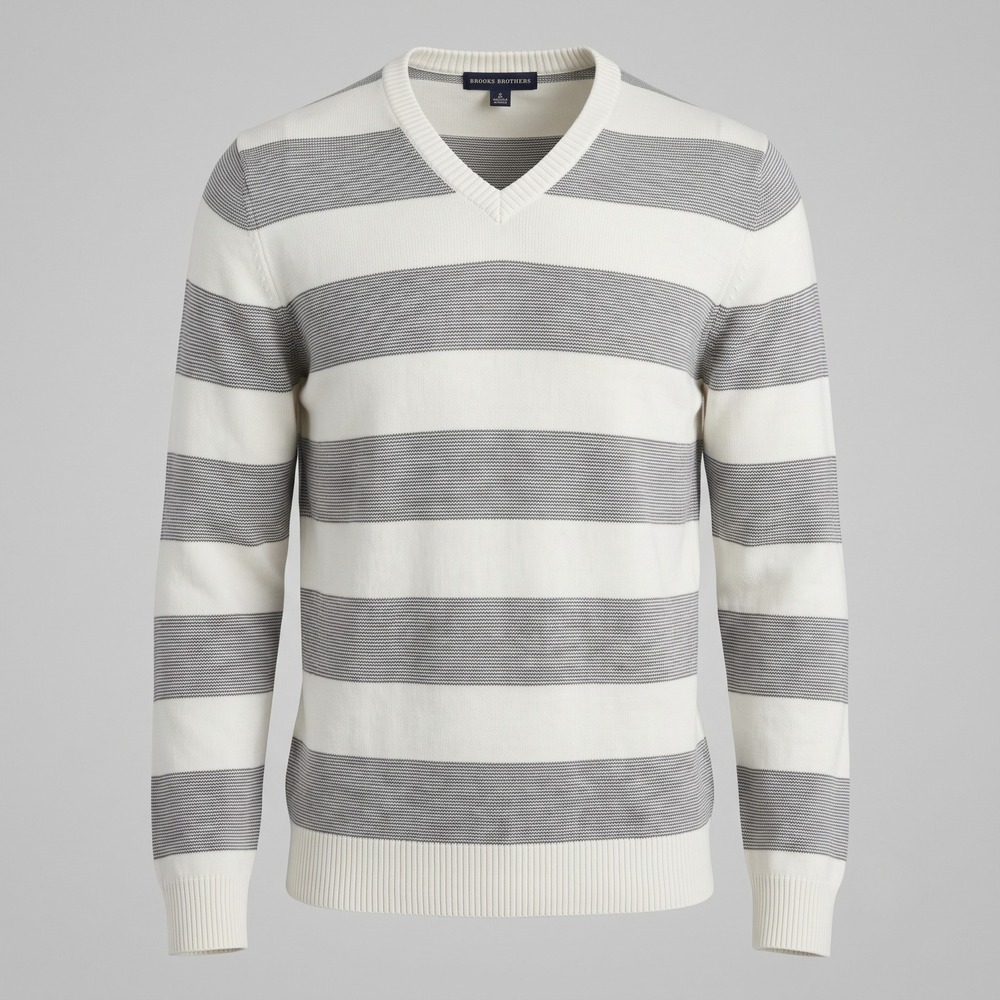Tricots St Raphael Mens Large Ivory Grey Sweater V-Neck Striped Knit Pullover